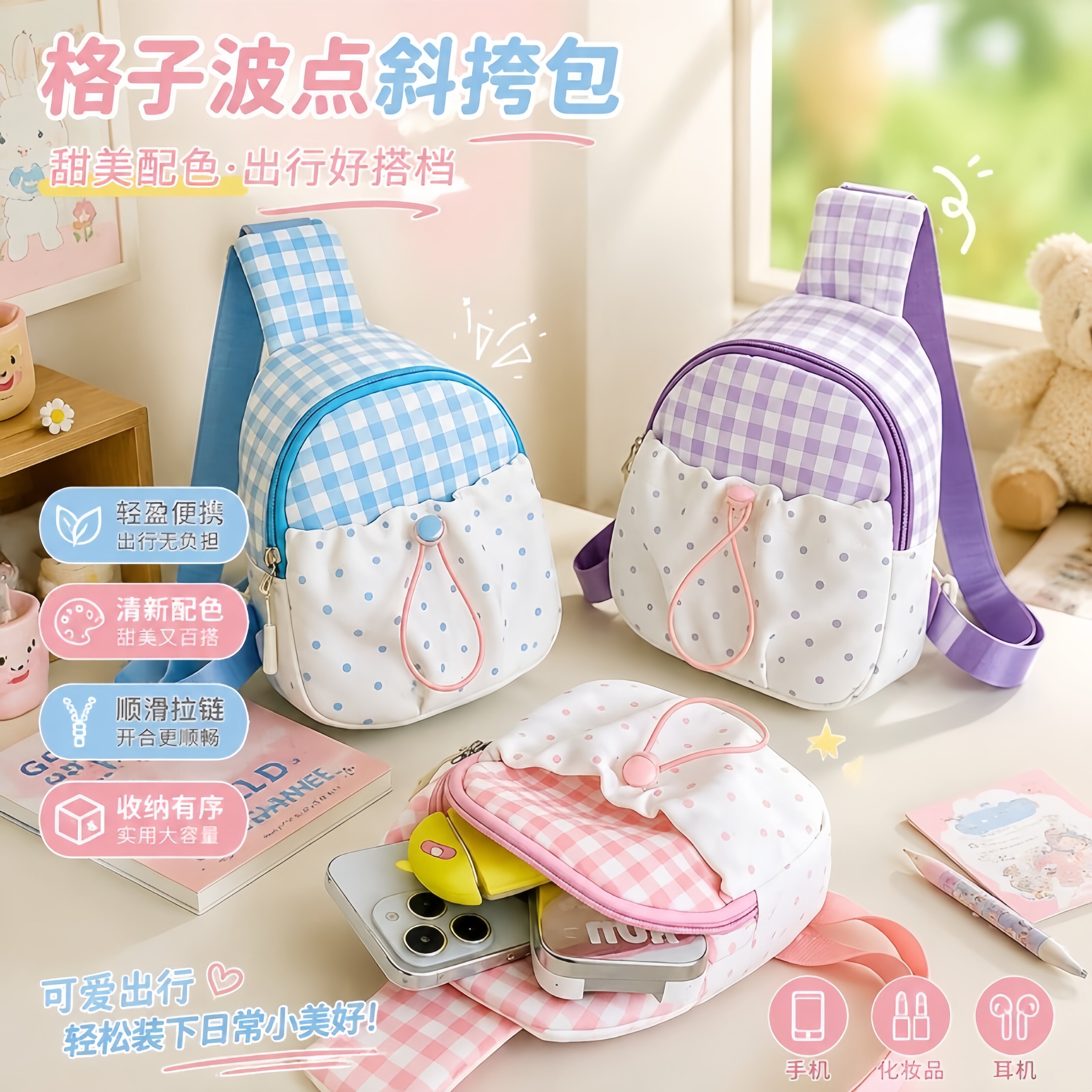 多巴胺儿童轻便斜挎胸包格子波点
