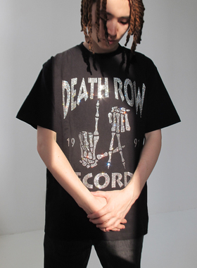 DEATH ROW骷髅烫钻水钻短袖t恤春夏纯棉宽松男情侣嘻哈国潮美式