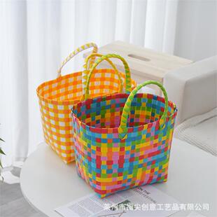 大号彩色直编菜篮子 马赛克图案婚礼节日伴手礼包包DIY花包