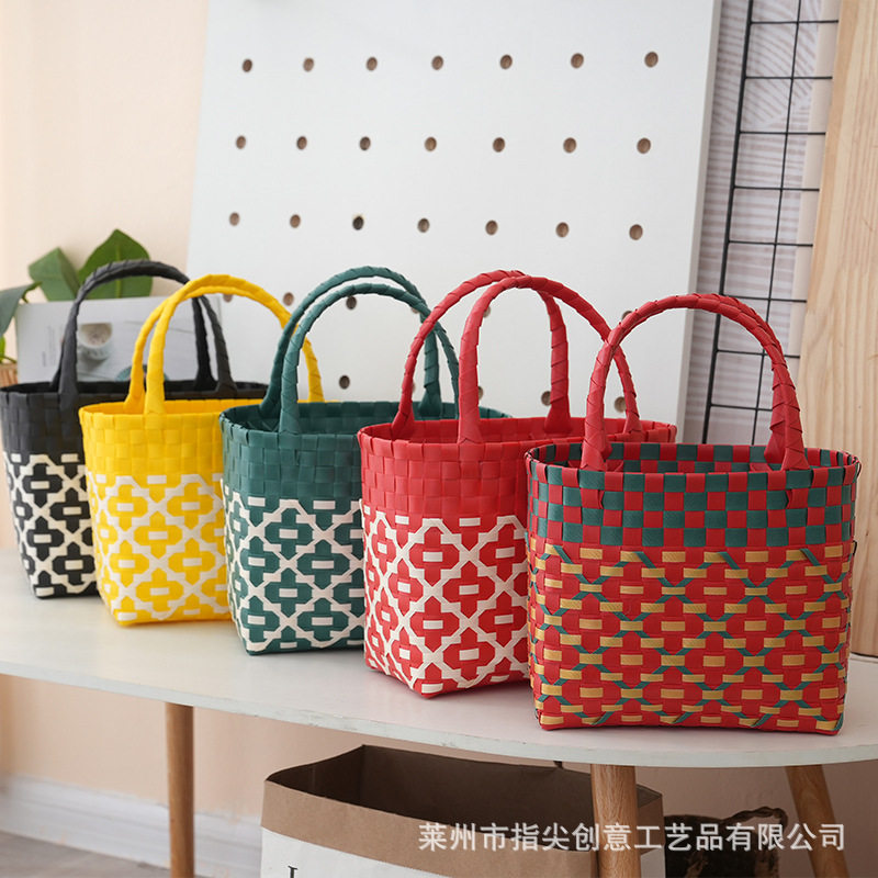 撞色塑料手工编织小方包沙滩度假