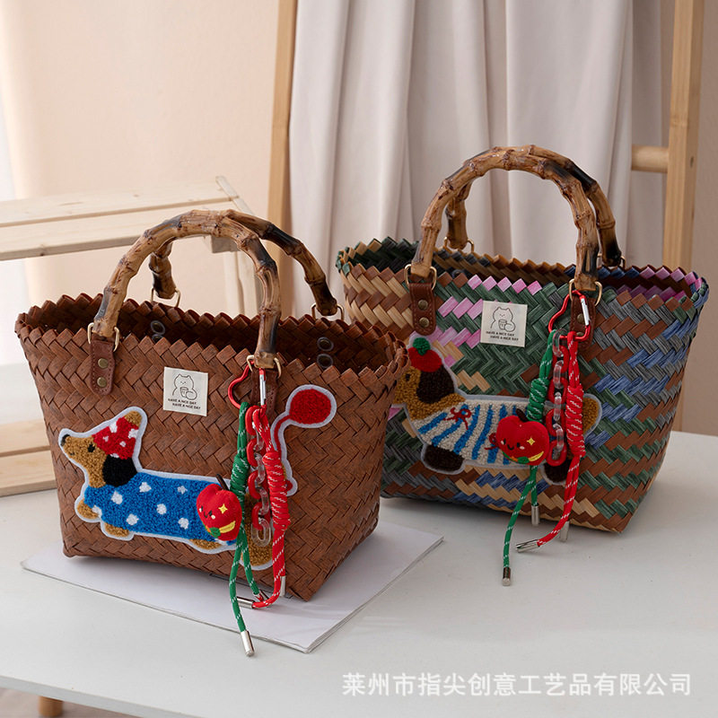 复古条纹腊肠狗尼龙手提菜篮包