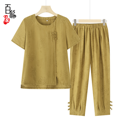 中老年人棉麻套装女奶奶夏装短袖