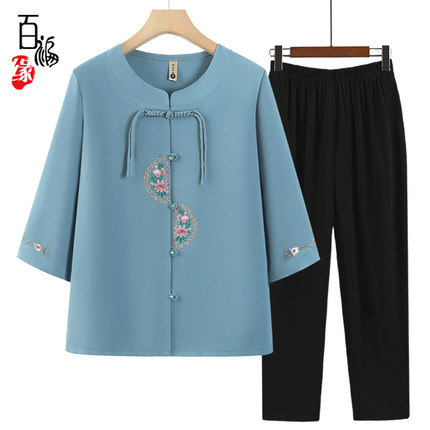 奶奶夏装衬衫新款中老年人圆领上衣女妈妈衣服60岁70老人老太太80
