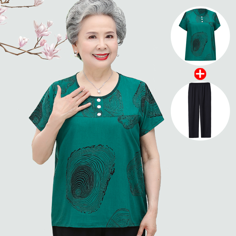 中老年人女奶奶夏装圆领衫妈妈棉绸短袖t恤套装老太太宽松两件套