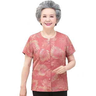 中老年人女妈妈仿真丝衬衫60岁70奶奶装夏装短袖上衣老人衣服薄款