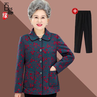 奶奶装春秋装外套女中老年人毛呢