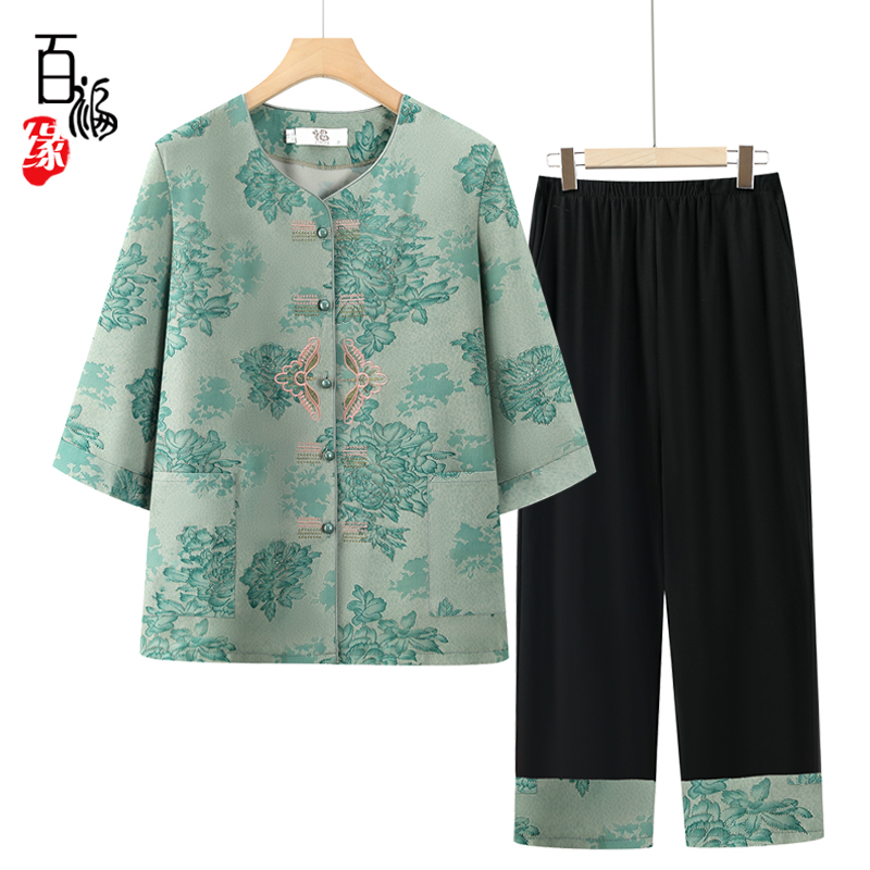 老年人夏装套装女奶奶中袖两件套