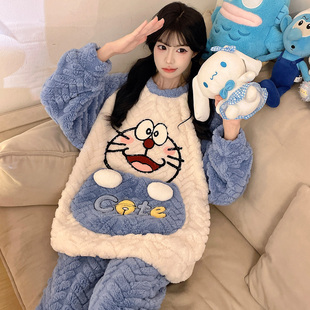 睡衣女长袖秋冬季珊瑚绒加绒加厚保暖法兰绒叮当猫多啦A梦加肥码