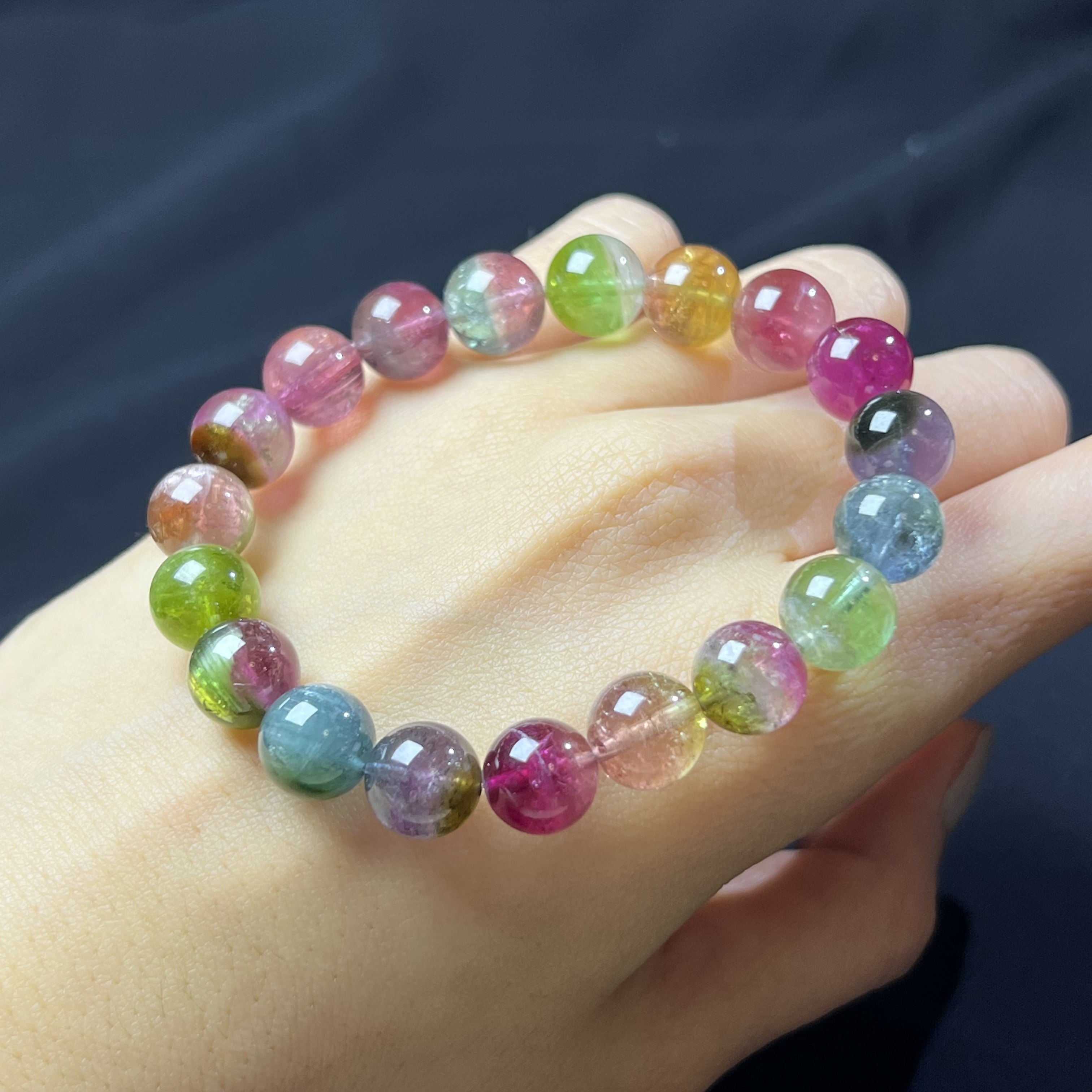 稀有阿富汗艳丽彩虹西瓜碧玺旺夫石粉蓝西瓜蓝紫西瓜手链手串