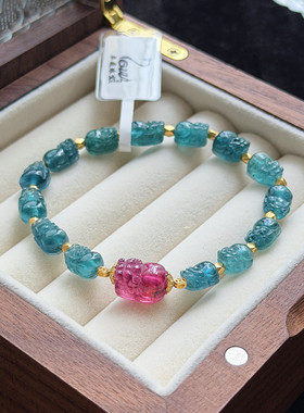天然碧玺稀有帕蓝色貔貅手链18k金du家设计款手串女士礼物7mm