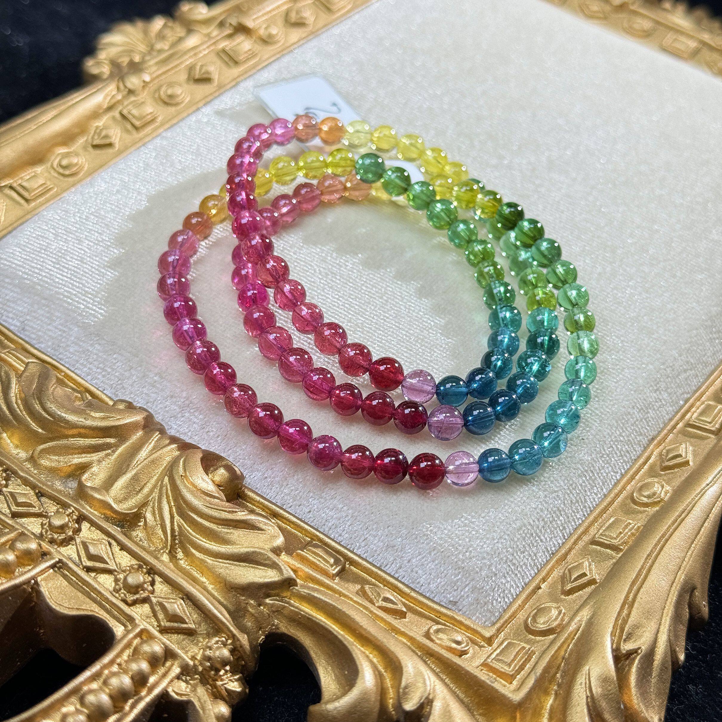 收藏级艳丽彩虹碧玺色标手链手串女士礼物5.5mm鸽血红宝蓝金丝雀