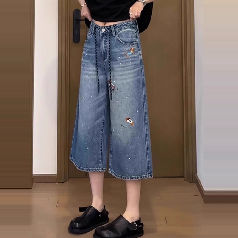 大码胖mm女款七分高腰牛仔裤2025新洋气衣服甜美可爱风刺绣阔腿裤