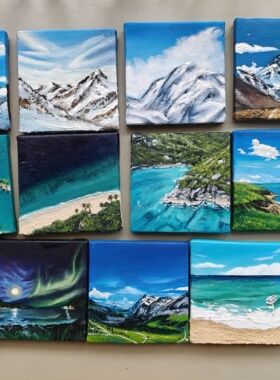 纯手绘迷你风景油画 雪山海景极光主题 创意摆台装饰画可定制
