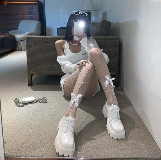 黑丝蝴蝶结黑白镂空渔网袜日系纯欲情侣美腿性感连裤丝袜薄款蕾丝