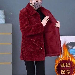 中长款妈妈装冬季时尚颗粒绒外套40岁50加绒厚毛毛羊羔绒保暖棉衣