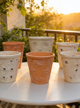 红陶花盆国际盆透气浮雕欧式创意蝴蝶蜻蜓简约阳台多肉陶土花盆