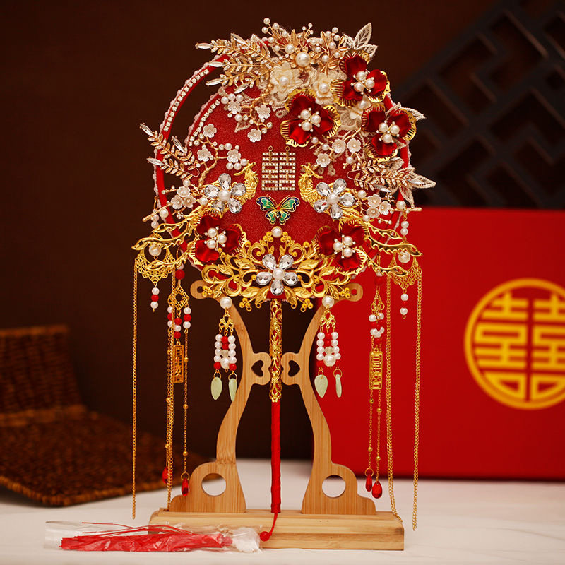 红色新娘团扇结婚秀禾服扇子双面成品手工diy材料包古风重工喜扇