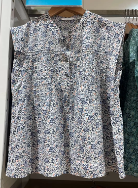 女装夏季棉质打褶衬衫无袖衬衣休闲宽松百搭碎花薄衬衣新款485584