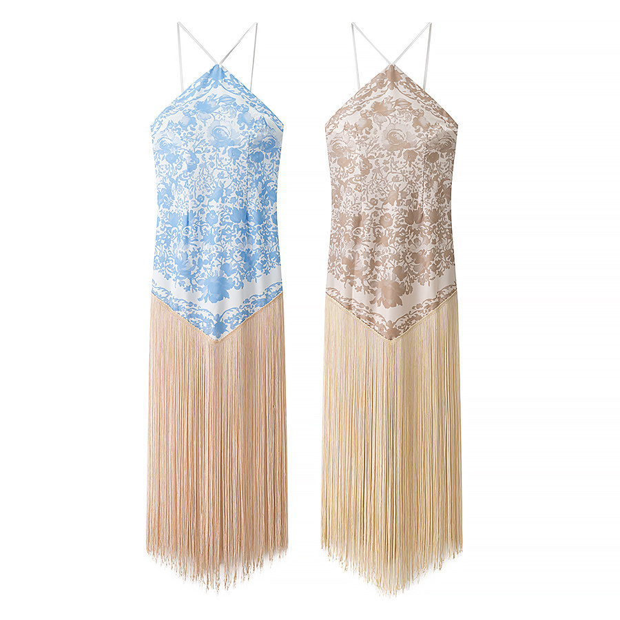 欧美风夏装新款女装时尚显瘦性感蕾丝拼接流苏装饰挂脖吊带连衣裙