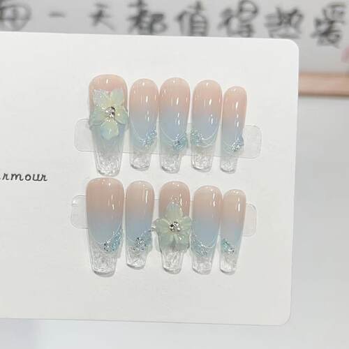 纯手工穿戴甲高级感蓝色冰花美甲裸色法式水波纹可拆卸假指甲贴片