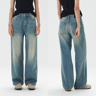 裤 NO.93复古水洗做旧牛仔裤 女装 2025秋冬新款 子 女高腰宽松直筒裤