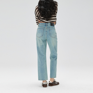 显瘦长裤 NO93复古直筒裤 2025秋冬新款 女高腰宽松九分裤 子 牛仔裤