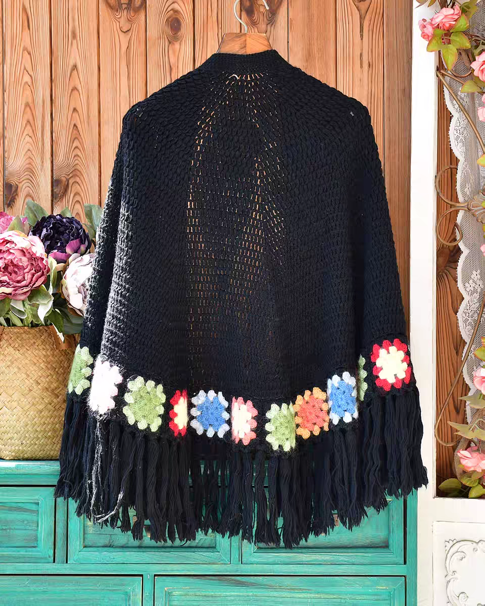田园森女风复古甜美文艺范镂空花朵手工钩织流苏三角纯羊毛大披肩
