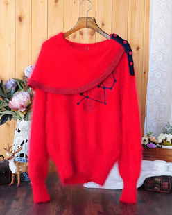 日系复古红色高品质超柔马海毛上衣 海军领刺绣宽松软糯毛衣女