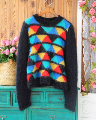 复古撞色几何图案马海毛毛衣女 温暖秋冬钉珠彩色针织上衣套头