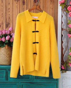 新中式国风盘扣马海毛开衫 姜黄色翻领针织外套 复古文艺质感毛衣
