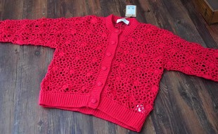 森系甜美风繁杂手工钩花纯羊毛外搭短款本命吉祥红色开衫毛衣女