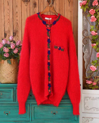 文艺复古森系马海毛开衫女 秋冬红色民族风慵懒宽松长款毛衣外套