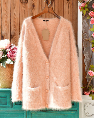 UR ROSSO安哥拉兔毛软糯开衫女 慵懒风V领口袋外套保暖毛茸茸上衣