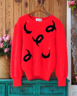 法式名媛甜美风新年红色毛衣 安哥拉长兔毛软糯闪钻钉珠针织套头