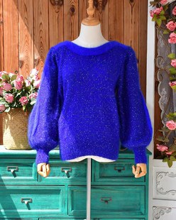 复古港风名媛风宝蓝色马海毛拼接兔毛宽松套头毛衣女灯笼袖闪丝