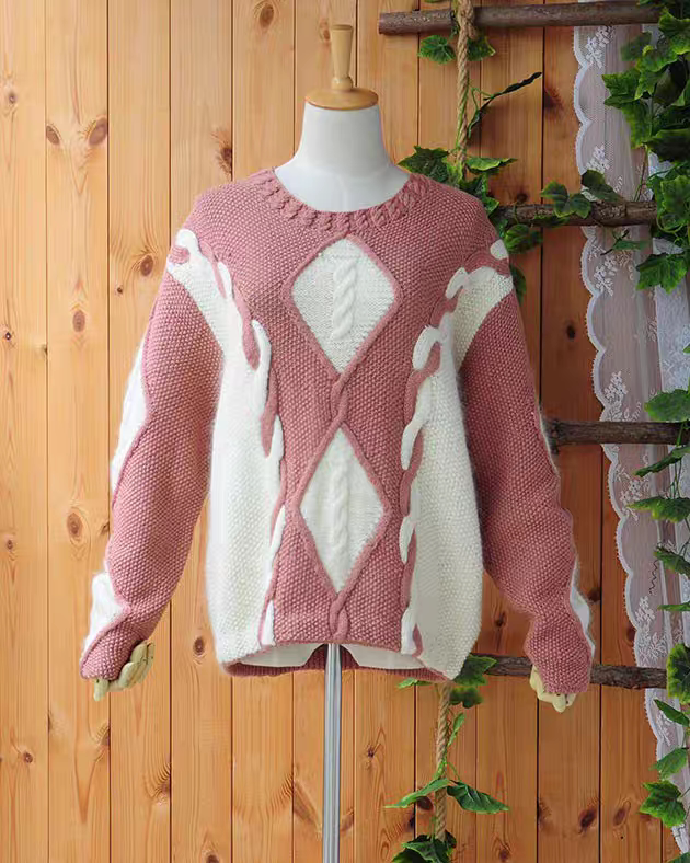 甜美森系手工编织菱形麻花拼接撞色 秋冬保暖羊毛宽松套头毛衣女