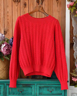 新年红100%羊毛麻花毛衣女 复古森系甜美文艺范圆领宽松针织套头