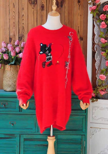 卡通刺绣安哥拉兔毛毛衣女 红色中长款宽松显瘦秋冬保暖毛绒上衣