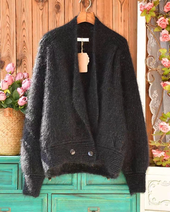 奢华马海毛亮丝毛衣厚外套 黑色大翻领双排扣宽松针织开衫女秋冬