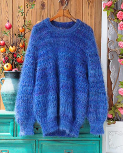 复古深海蓝马海毛毛衣 慵懒风oversize版型秋冬保暖厚毛衣女套头