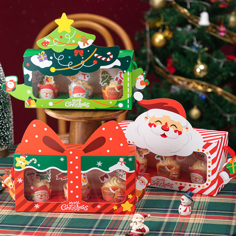 圣诞纸杯蛋糕包装盒杯子蛋糕盒马芬杯圣诞节立体创意开窗甜品礼盒