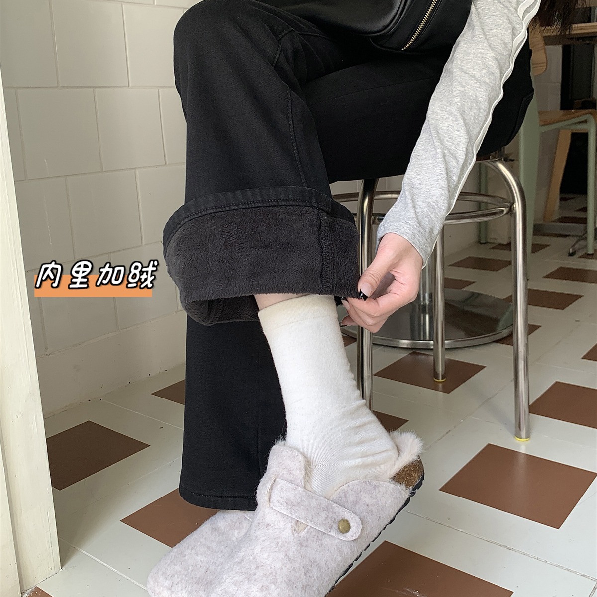 加绒加厚！黑色牛仔喇叭裤
