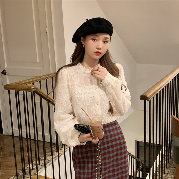 Real price apricot jacquard long sleeve lace shirt