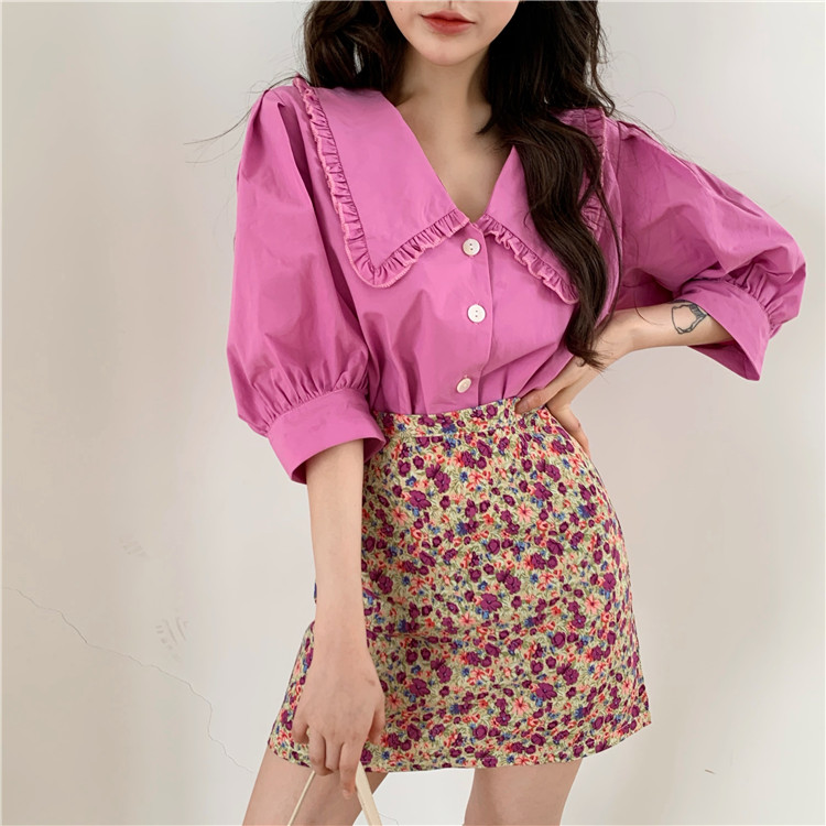 Real shot! Real price! Purple Lace Lapel bubble sleeve shirt