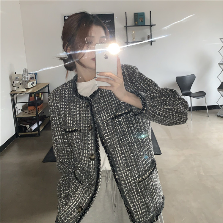 Real shot! Real price! Woven tweed loose and thin woolen coat