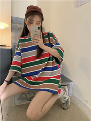 Real shot! Real price! 2021 casual women's new round neck contrast color stripe short sleeve loose T-shirt