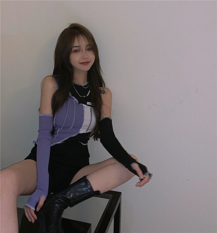 Real shot! Real price! Irregular stitching contrast slim top