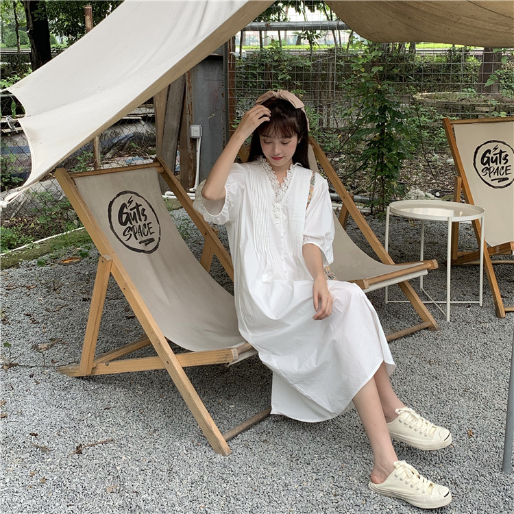 Real shot! Real price! Chic Hanfeng lace V-neck pleated heavy industrial dress