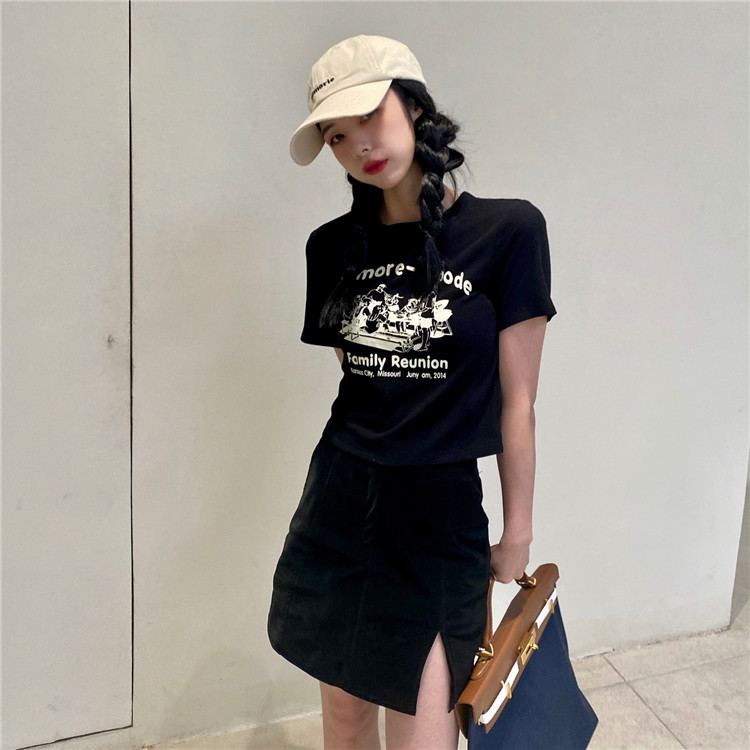 Real shot! Real price! Retro cartoon letter print pit stripe versatile short sleeve slim short T-shirt