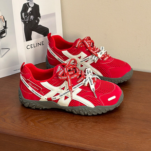 厚底增高红色阿甘德训鞋女鞋2026春季新款网面透气百搭休闲运动鞋